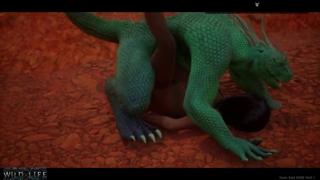 Two chicks get their pussies pounded by a reptilian stud's dual pricks in a sick, twisted bestial bonanza