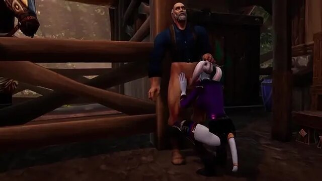 Warcraft babe sucks old man's massive cock deepthroat