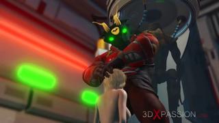 Alien beast impales a nubile golden-haired nymph in futuristic research facility