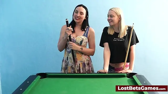 A busty couple playing strip billiards, which turns naughty quick