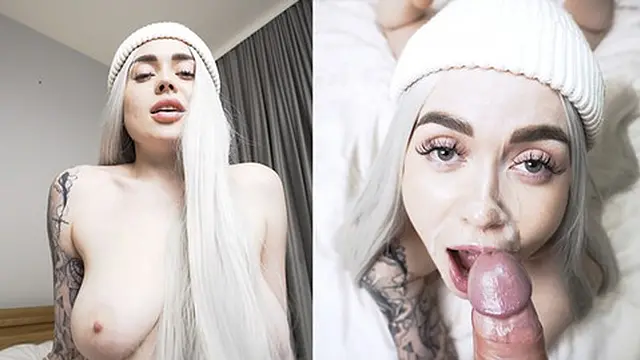 Blonde with紧致湿润的阴道骑乘棒子，精液溅在她可爱的脸上