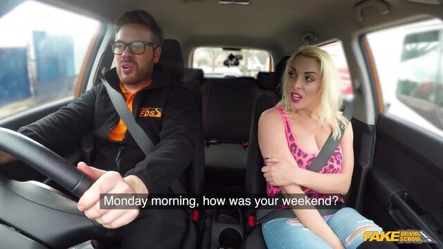 Instructor is obsessed with a blonde MILF with big titties - Fake Driving School