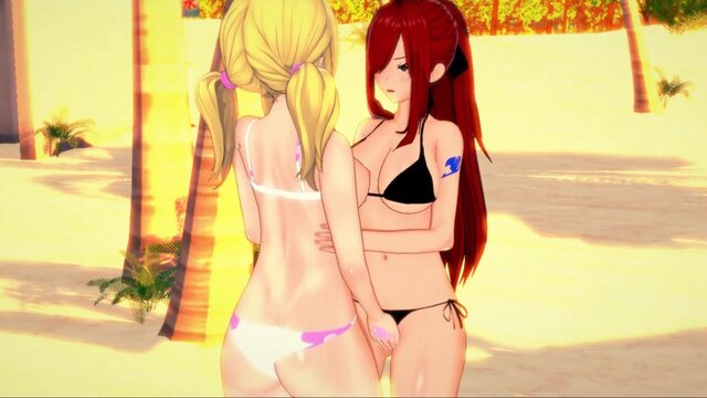 Erza and Lucy have lesbian sex on the beach - Fairy Tail Hentai