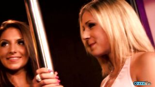 Pinching her fake boobs and riding a big cock makes the brunette stripper orgasm